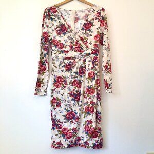 NEW NWT MEAVEOR Beige White Red Blue Floral Polka Dot Faux Wrap Dress Medium M
